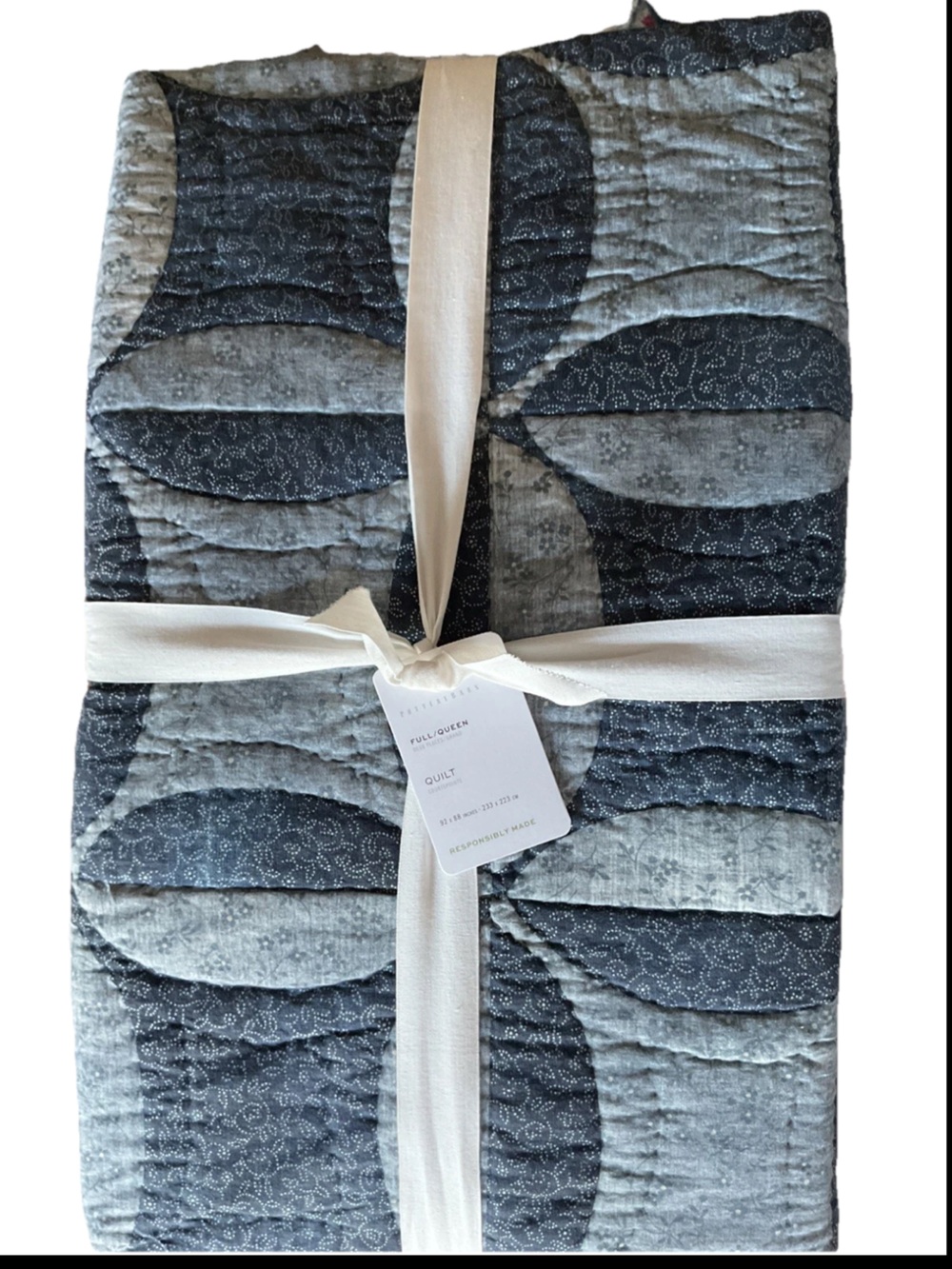 NEW POTTERY BARN HARPER QUEEN QUILT BLUE WEDDING RING PATCHWORK